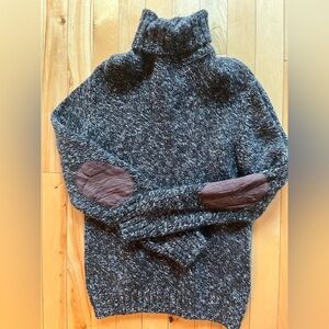 Gray Turtleneck Sweater with Brown Elbow Patches